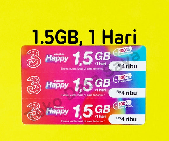Voucher Kuota Data 3 / Three / Tri Happy 1.5GB, 1 Hari (PROMO) total (2GB)