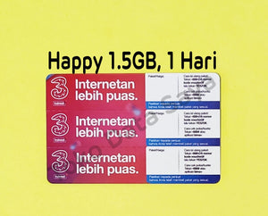 Voucher Kuota Data 3 / Three / Tri Happy 1.5GB, 1 Hari (PROMO) total (2GB)