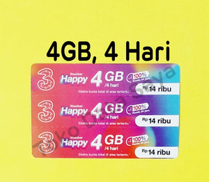 Voucher Kuota Data 3 / Three / Tri Happy 4GB, 4 Hari ORI